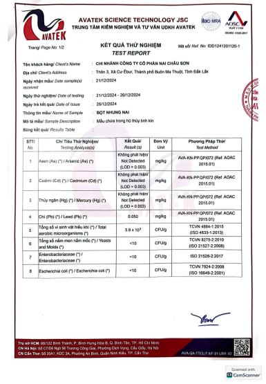 Kết quả kiểm nghiệm Bột Nhung của trang trại nhunghuoudaklak